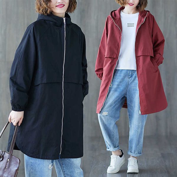 

hooded mid-length trench coat women's 2020 new autumn winter korean plus size cardigan windbreaker female outerwear, Tan;black