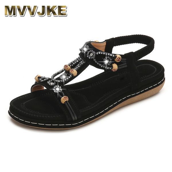 

mvvjke women sandals 2019 new flat sandals women summer bohemia style rhinestone comfortable beach shoes women plus, Black