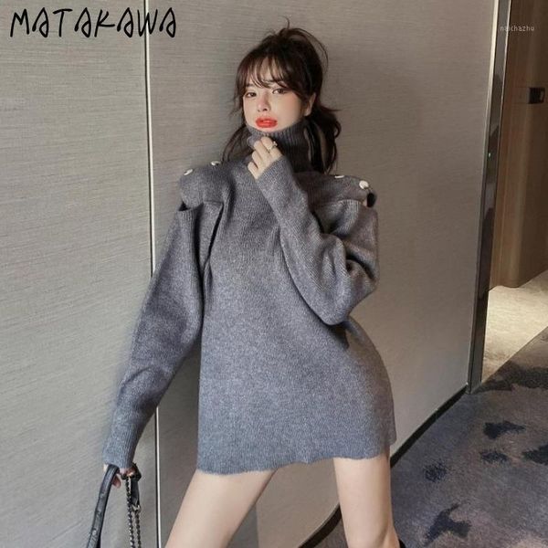 

matakawa long-sleeved off-the-shoulder sweater women autumn and winter turtleneck sweater korean sweaters for women fashion1, White;black