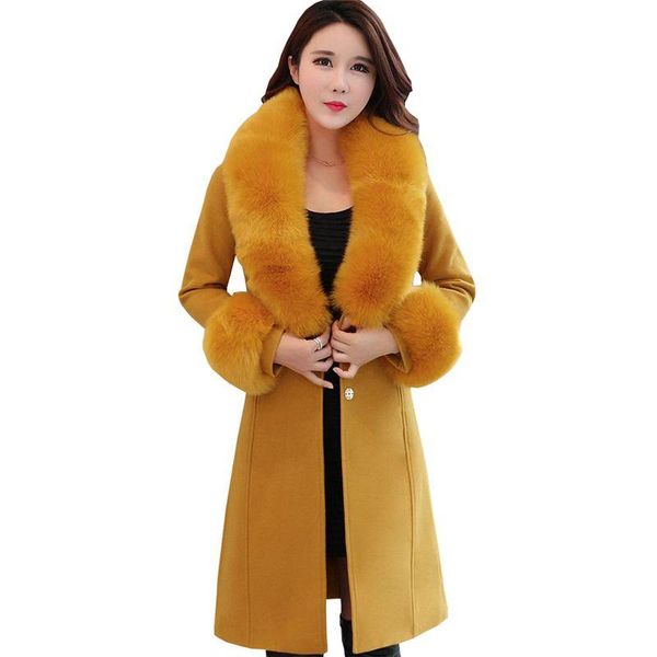 

women's wool & blends autumn/winter women woolen jacket female slim outwear big faux fur collar warm ladies plus size long coat o670, Black