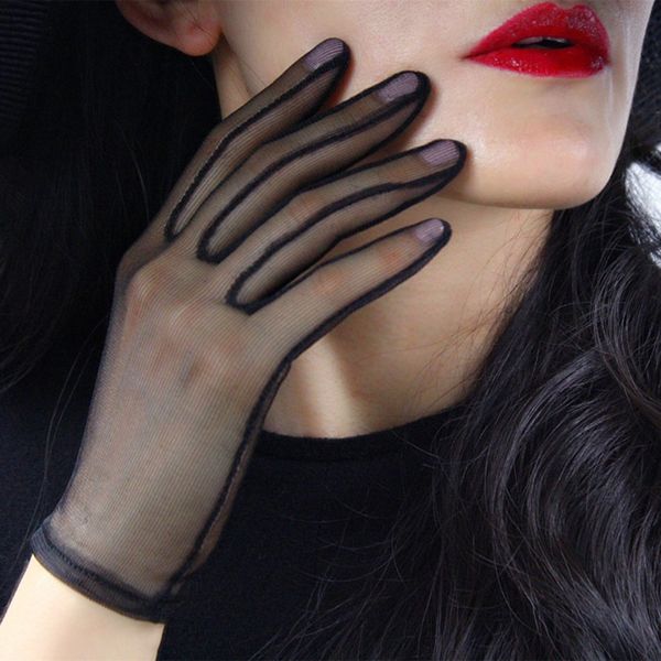 

women black silk short gloves lace mesh gauze ultra thin vintage elegant transparent party mitten vestido, Blue;gray