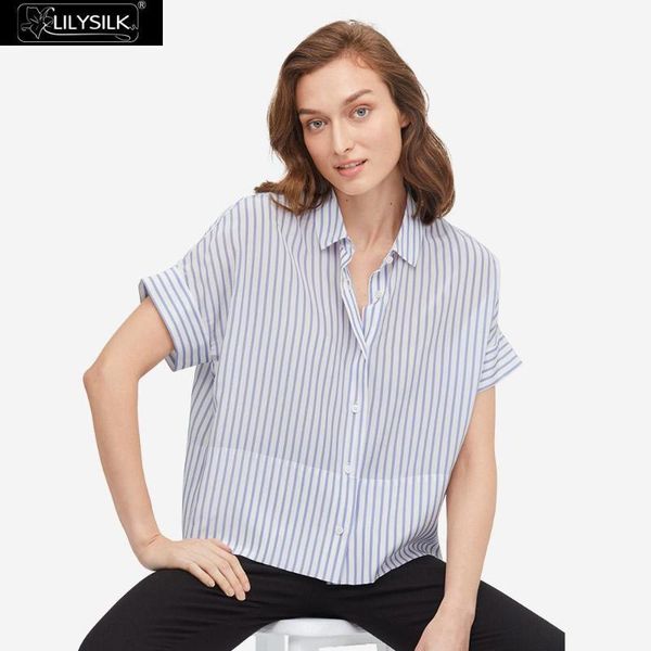 

lilysilk silk shirt short sleeve stripe relaxed ladies new, White