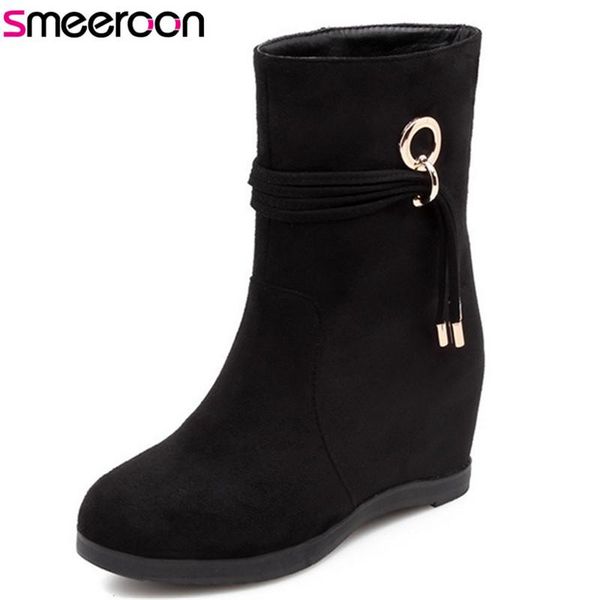 

smeeroon 2020 fashion autumn winter mid calf boots women round toe slip on low heels flock boots big size 34-40, Black