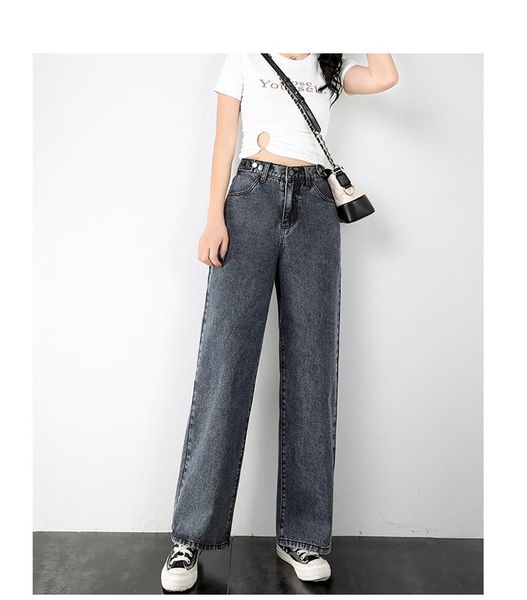 

леди прямая хлопок высокая талия джинсы талии винтаж широкие ноги джинсы женщины корейский стиль все-матч простые брюки, Blue