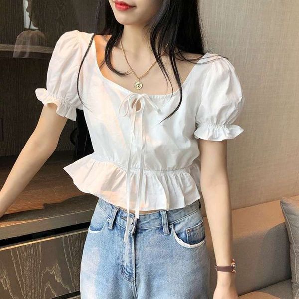 

french small bubble court style square collar pleated elastic waist open navel short sleeve t-shirt for female xia, Black;gray