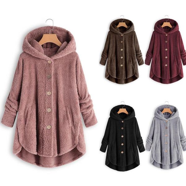 

women warm comfy irregular long sleeve hooded coat with button fluffy hoodies, Black