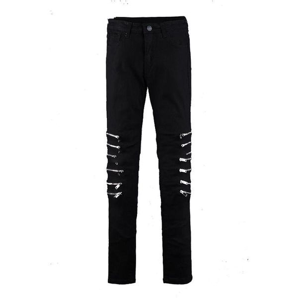 

tight men's trousers fashion personality trend korean version of the self-cultivation feet stretch knee zip large size hip hop, Blue
