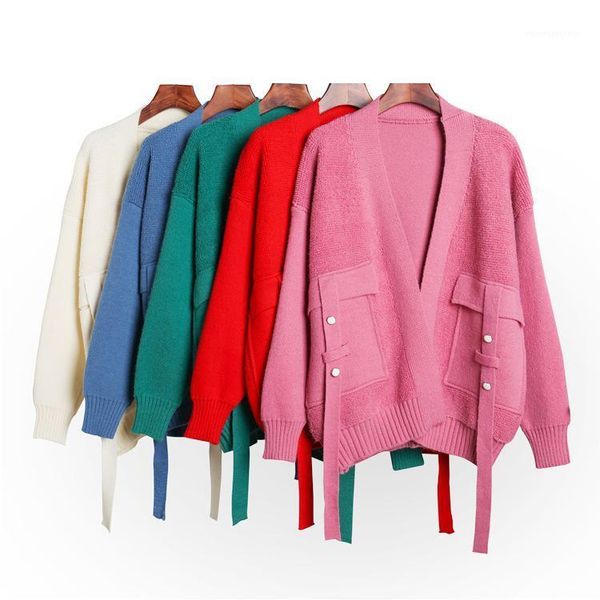

women's knits & tees 2021 autumn winter women sweater cardigan full coat thick fashion pocket knitted female casual clothing warm1, White