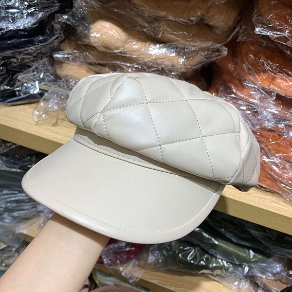 

women's jmx / octagonal autumn and winter temperament korean full leather pu decoration fashion military cap pink versatile trend, Blue;gray
