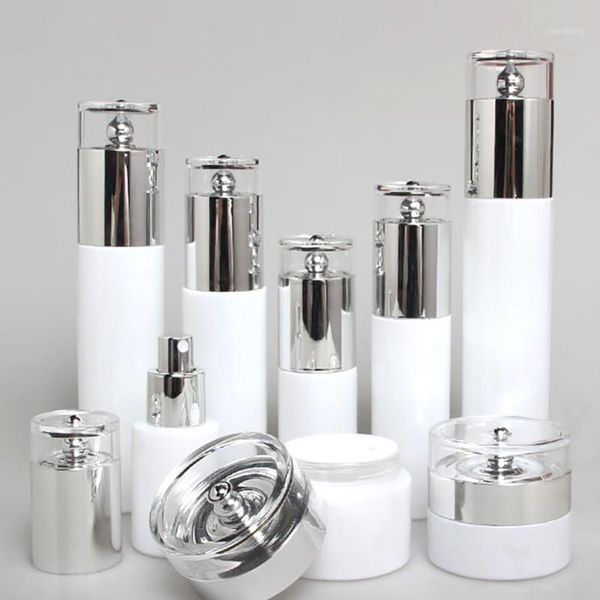 

pearl white bottle lotion pump,glass 20ml spray pump bottle with silver cap1