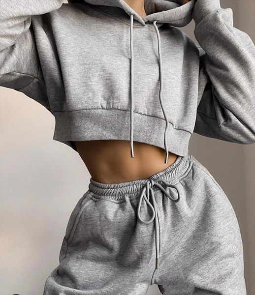 

autumn fleece tracksuit women two piece set solid hooded sweatshirt crop and pants jogging suit female clothing sets outfits, Gray