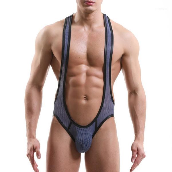 

men bodysuits leotard wrestling singlet mesh hollow out jumpsuits big bugle pouch overalls underwear gay open buundershirts11, Black;brown
