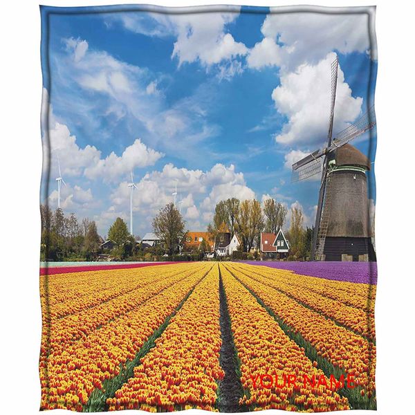 

windmill ultra cooling throw blanket, tulips of holland countryside landscape in springtime with rustic houses print diy blanket, for night