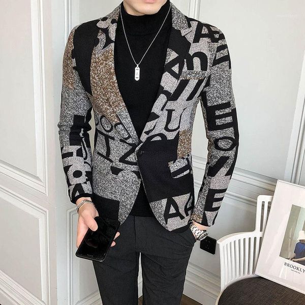 

big letter print woolblend tweed blazer men 2020 fall winter art men blazer jacket slim fit party prom club pattern homme1, White;black