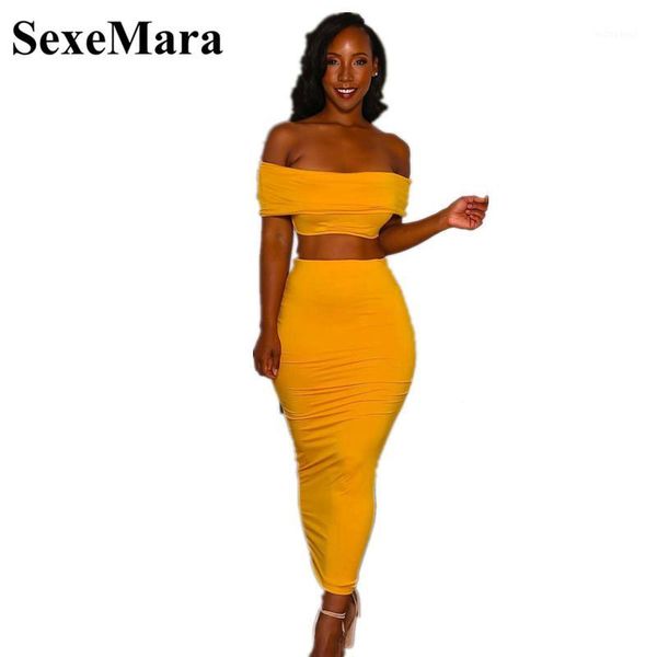 

sexemara yellow maxi bodycon dress 2 piece set women off shoulder crop and skirt club outfits matching sets d34-az501, White