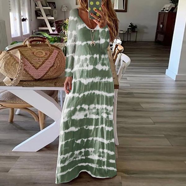 

autumn womens loose tie dyeing gradual print long sleeve o neck long maxi dress plus size vestidos dropshipping 806w, Black;gray