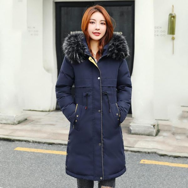 

women's down & parkas 2021 winter jackets slim hooded long woman solid plus size cotton padded thick fur collar casual female cold coat, Black
