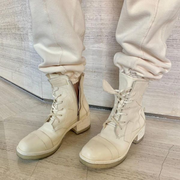 

boots woman ankle lace up desert tactical genuine leather thick high heels women round toe motorcycle boots1, Black