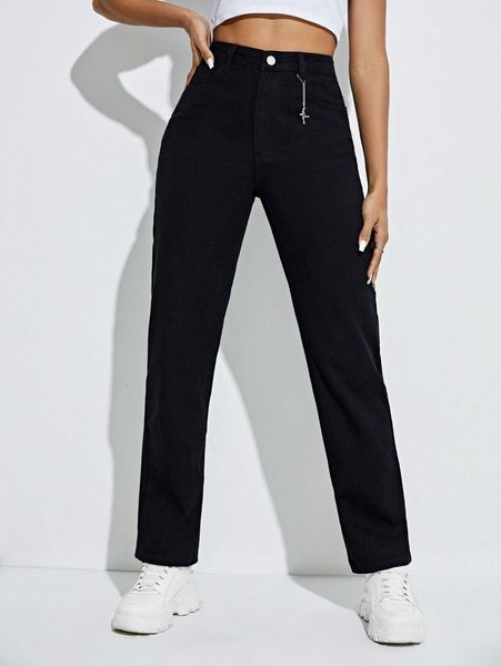 

solid straight leg pants k79a#, Black;white