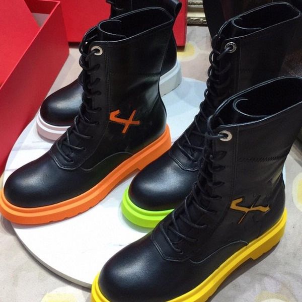 

embroidered arrow women's boots low heel lace-up boots color sole stitching leather shoes cross arrow, Black