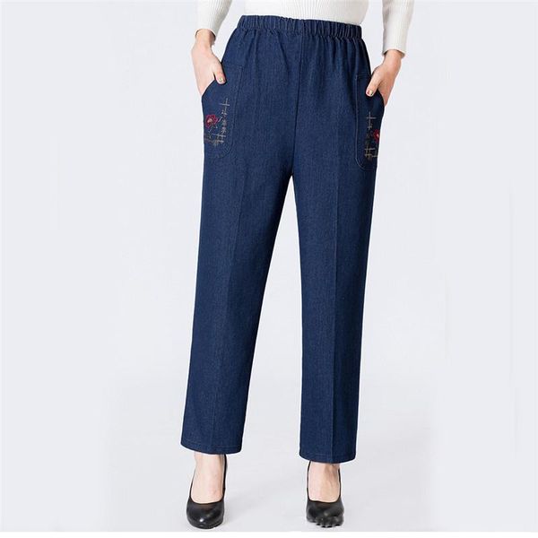 

mom jeans blue loose high waist jeans 2020 new spring korean embroidery pockets mid-aged women straight chic clothing jd47