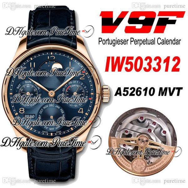 

v9f perpetual calendar 503312 18k розовое золото синий циферблат moon phase power reserve a52610 автоматическая мужские часы кожа лучший вып, Slivery;brown