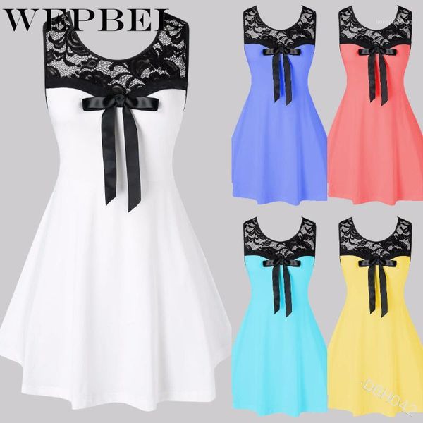 

wepbel women summer lace patchwork swing elegant vintage sundress sleeveless bow tie retro rockabilly dresses1, Black;gray