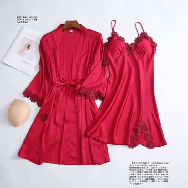 

2021 new summer spring silk pajamas sets for women solid nightgowns v neck with lace sashes short nightdress sleepwear umb2, Black;red