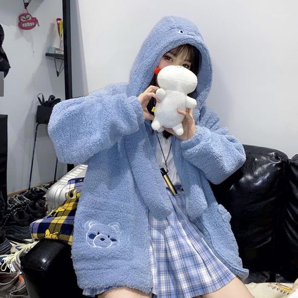 

cashmere loose long hooded jacket women zip up faux fur kawaii furry overcoat sweet cute lolita coat girls 2021 winter new lamb1, Black;brown