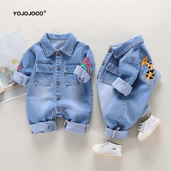 Baby Roupas Nascido Jumpsuit Denim Romper Primavera e Outono Menino Menina Bebê Fart Cartoon Girafa 211229