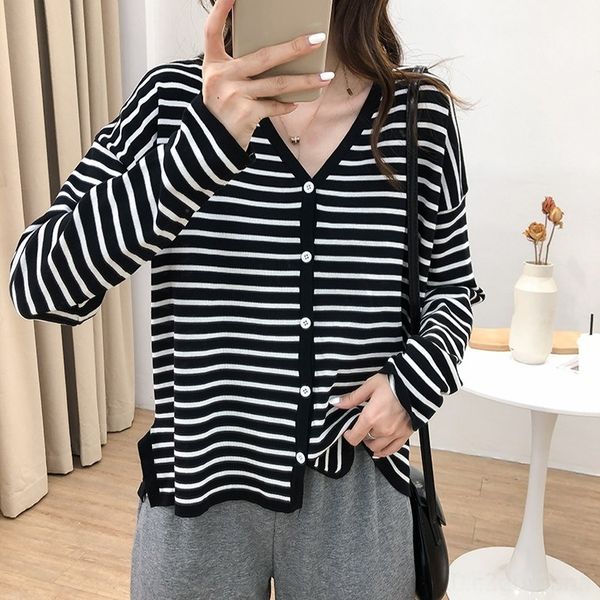 

roru9 opautumn striped knitted 2020 coatcardigan coa korean version women's versatileloose and lazyshowing thin long sleeve ardig, White;black