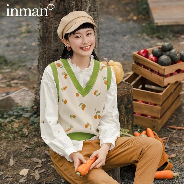 

inman 2020 autumn winter new arrival cherry jacquard sleeveless pullover cute fruit contrast color literature vest, Black;white