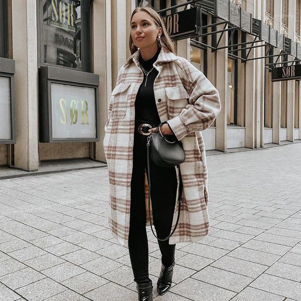 

ardm manteau femme tweed split plaid with belt long coat women vintage long sleeve pockets female casual winter outerwear 1, Black
