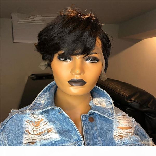 

pixie cut парик фронта шнурка парики человеческих волос 150% remy бразильский preplucked hairline отбеленная узел волнистые натуральный черн, Black;brown