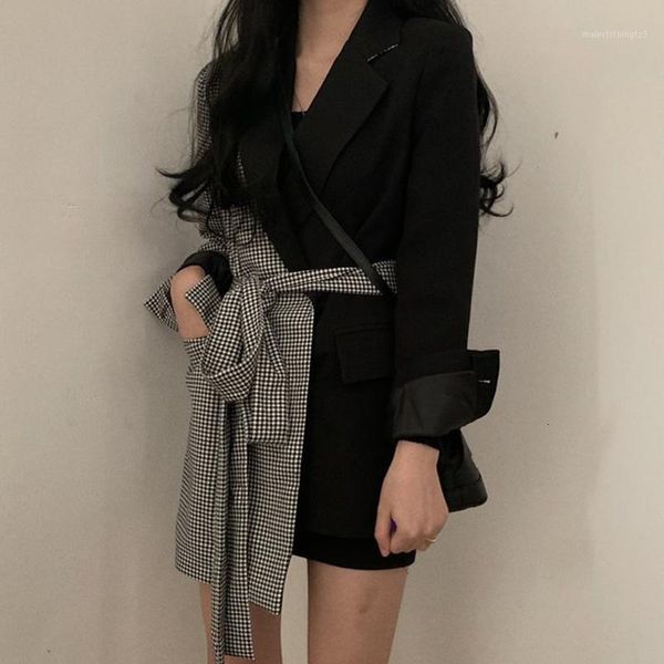 

women's suits & blazers ins style autumn design split joint lattice irregular chalaza high waist long fund loose coat woman fv3511, White;black