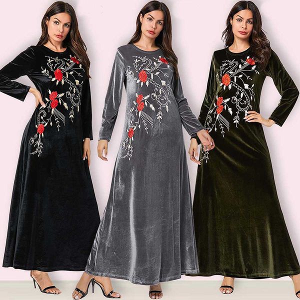 Plus Größe Herbst Lange Maxi Blumen Stickerei Samt Kleid Frauen Damen Kleider Ropa Mujer Abaya Muslimischen Robe Longue Femme Elbise 201125