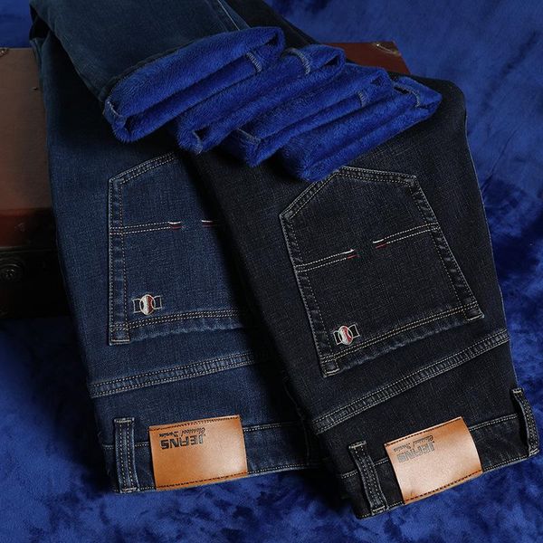 

men's jeans 2021 men warm winter denim thicken fleece long trouser 28-46, Blue