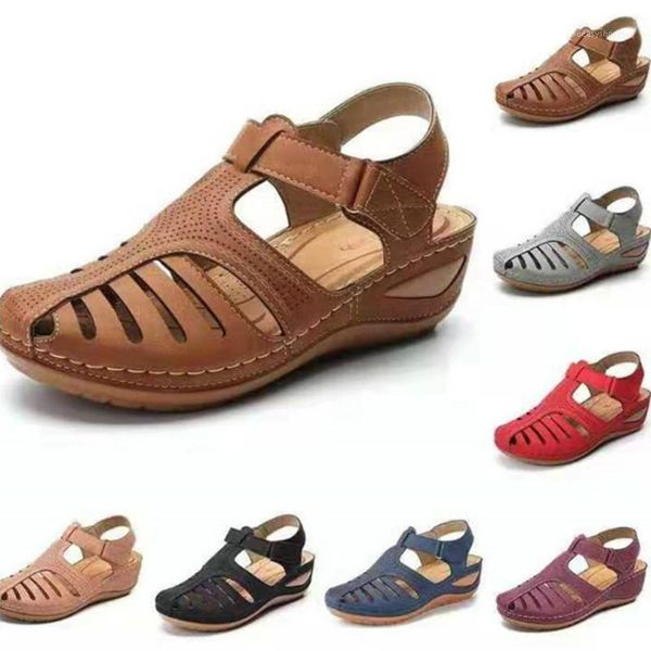 

leisure hook & loop sandals route hole shoes non-slip large size solid round head wedges back strap low (3cm-5cm), Black