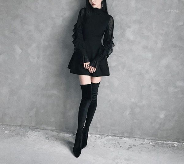 

2019 summer women butterfly sleeve mini dress gothic punk ruffles neck a-line dress autumn high waist solid black1, Black;gray