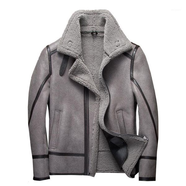 

fashion 100% real sheepskin fur flying jacket genuine sheep shearling jacket male winter flight coat gray men fur overcoat1, Black