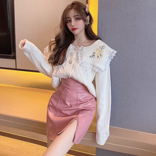 

2020 autumn new baby collar lace edge knitted coat + pu leather skirt two piece set of fashion suit for women