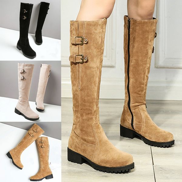 

high thigh boots fashion women pure color round toe zipper suede chunky heels boots vintage winter long tube shoes, Black