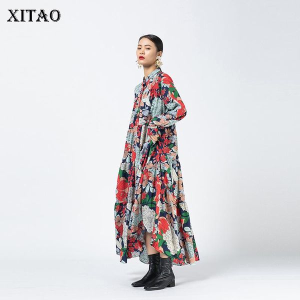 

xitao vintage floral print maxi dresses for women long sleeve plus size minority woman dress fashion trend autumn xj5331, Black;gray