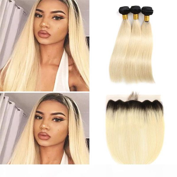 

straight platinum blonde virgin hair bundles with lace frontal closure unprocessed brazilian 1b 613# blonde hair with ear to ear frontals, Black;brown