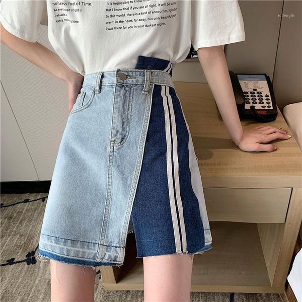 

european summer korean new design irregular contrast color stripes high waist denim mini skirts women fashion streetwear 20201, Black