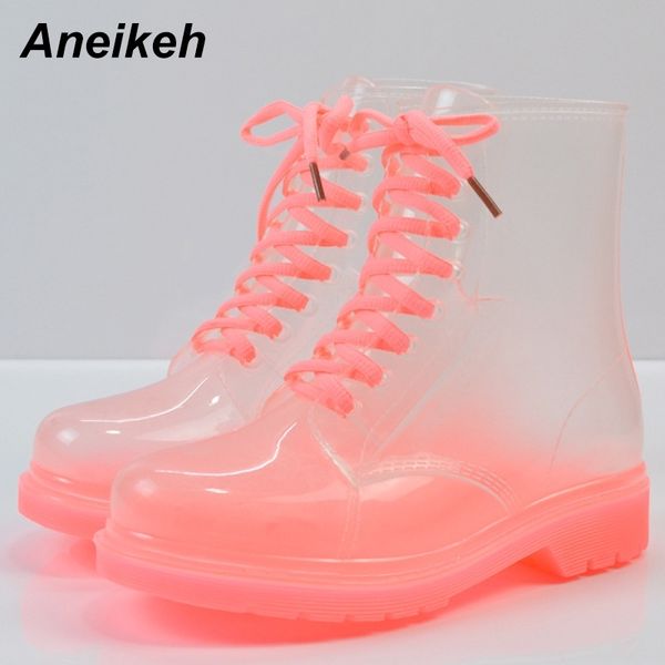 

aneikeh women rain boots transparent waterproof colorful spring autumn shoes rain boot woman ankle boots large size 40 t200425, Black