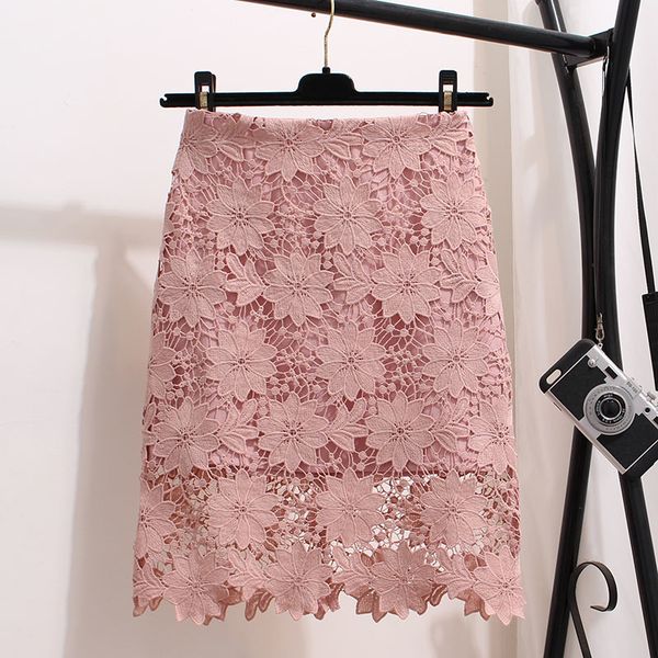 

2021 new lace high waist women elegant office lady skirts korean style hollow out black white pink green mini skirt 83qx