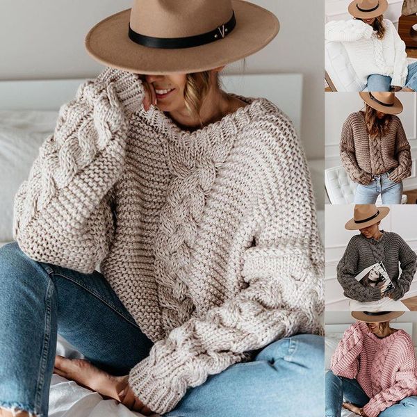 

women's solid color pullover v-neck twist loose sweater casual knitwear women autumn and winter long sleeve knit jumpers top, White
