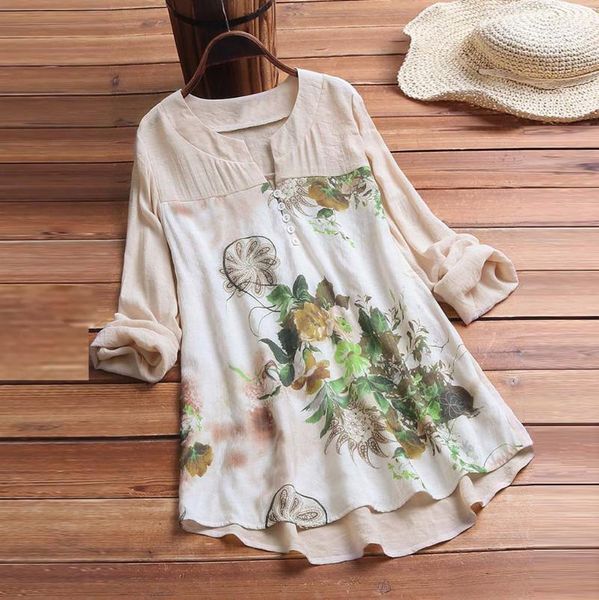 

linen printed blouse for women vintage v-neck floral printing patch short sleeves shirt plus size feminino blusas mujer1, White