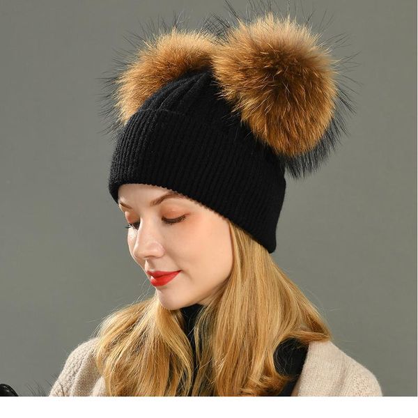 

double fur pom pom women winter hat female wool removable fur ball knitted beanie cap with 2 natural color raccoon fu qylfuo